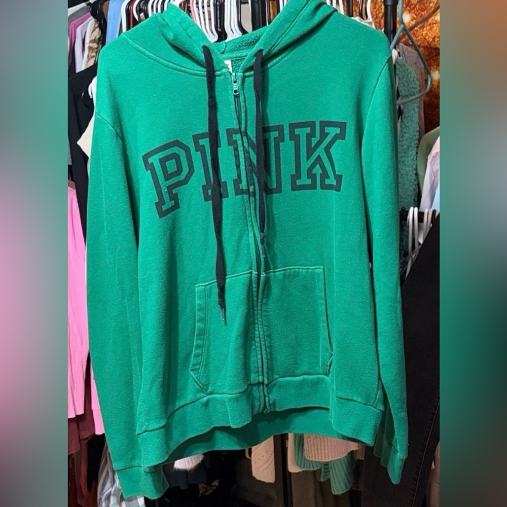 PINK Victoria's Secret Black and Green Hoodie Tag Detail